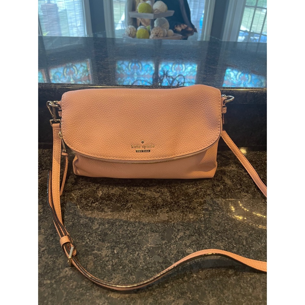 Kate Spade New York Pebbled Leather Crossbody Bag Blush Pink Foldover Flap Purse